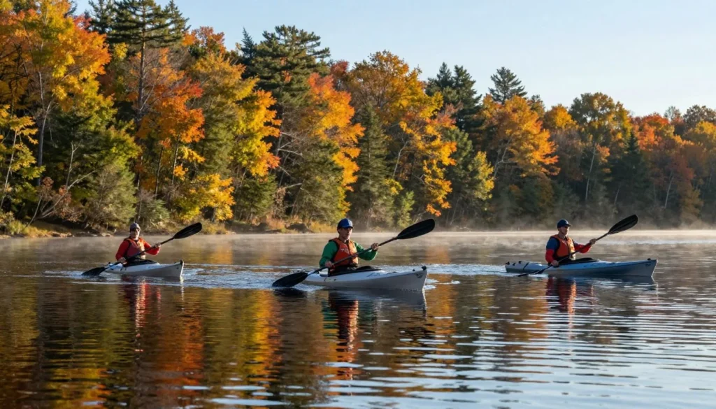 Kayakers paddling on calm waters of Fawn Lake Kayakers paddling on calm waters of Fawn Lake