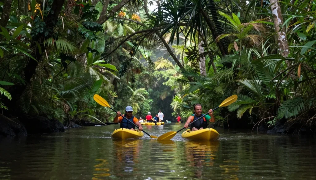Kayakers paddling through Tortuguero National Park canals