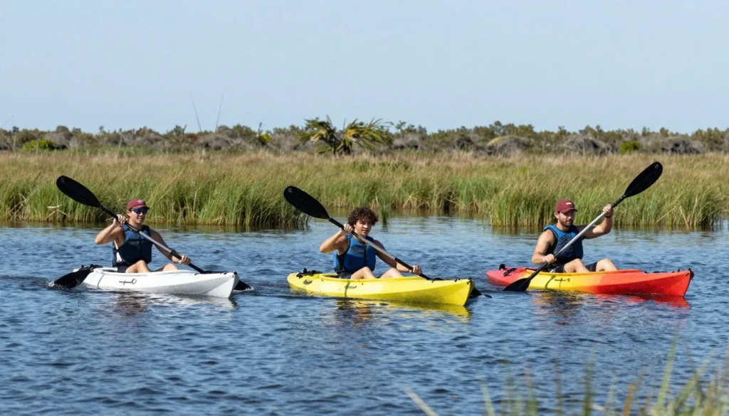 Kayakers paddling through calm marsh waters with diverse group Kayakers paddling through calm marsh waters with diverse group