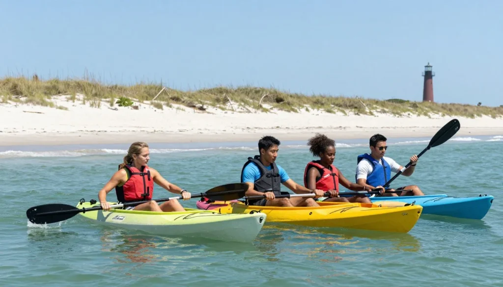 Kayakers paddling through calm waters near Cape Lookout barrier islands Kayakers paddling through calm waters near Cape Lookout barrier islands