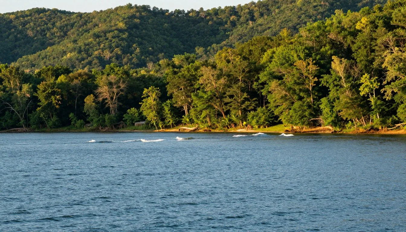 Kentucky Lake Tennessee shoreline with calm blue water and forested hills at sunset