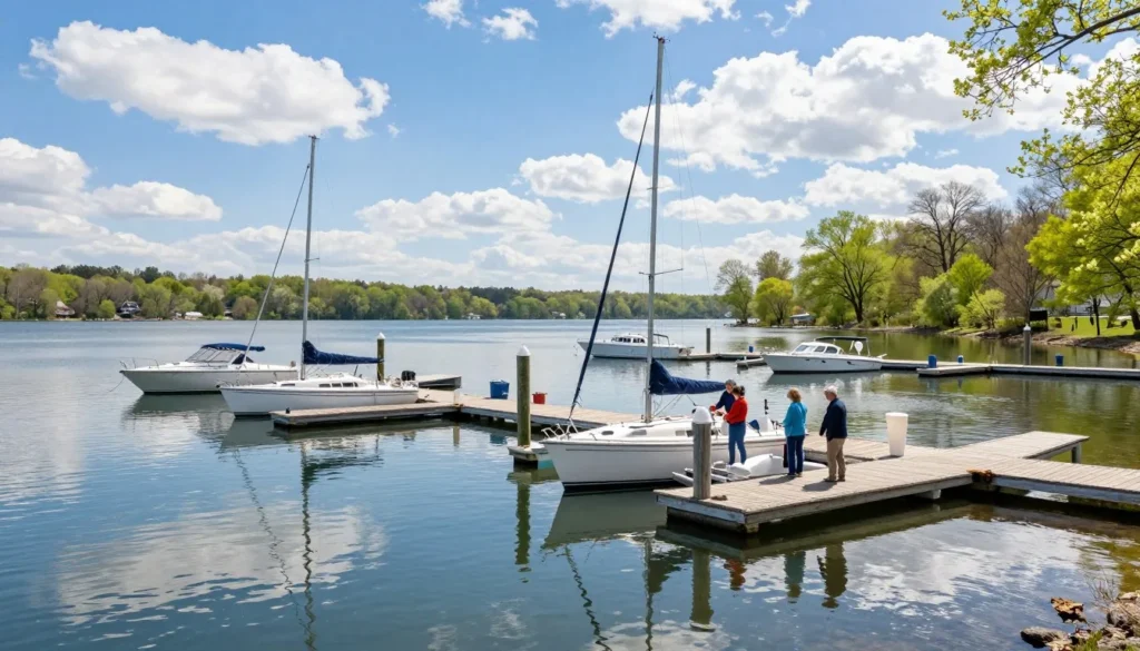 Kentucky Lake marina with sailboats and fishing boats docked under clear blue spring sky Kentucky Lake marina with sailboats and fishing boats docked under clear blue spring sky