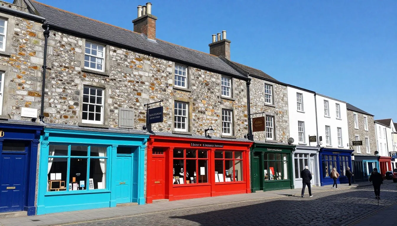 Kilkenny-medieval-town-center-with-historic-stone-buildings-and-colorful-shopfronts-under-blue- Kilkenny medieval town center with historic stone buildings and colorful shopfronts under blue sky