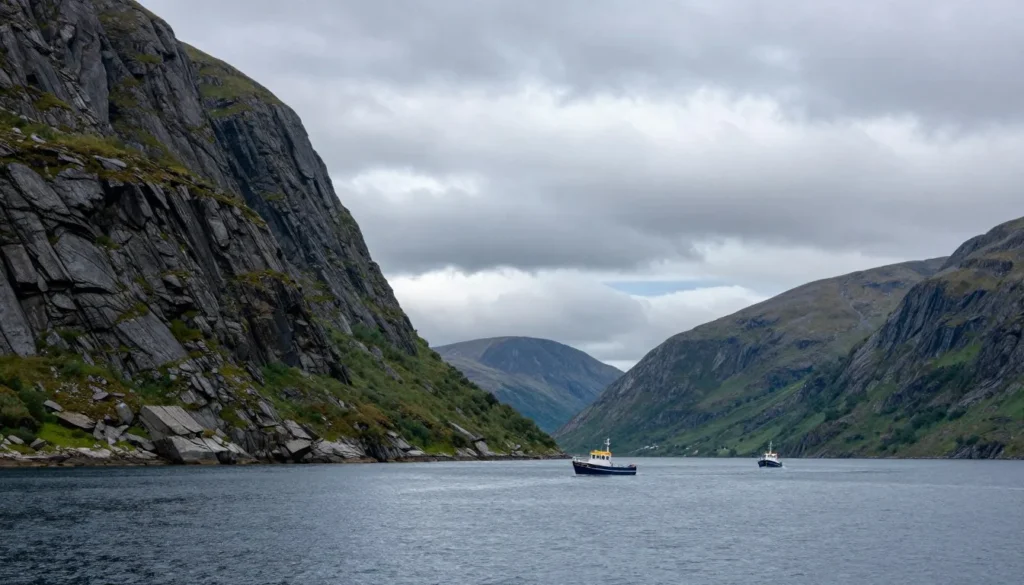 Killary Fjord with mountains and boats on calm water