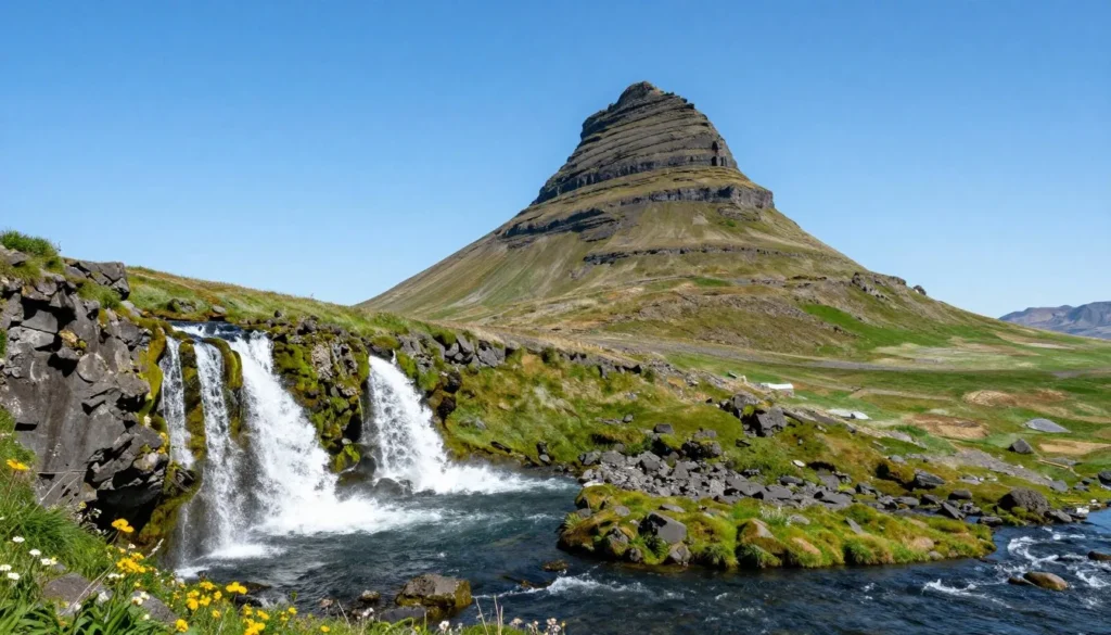 Kirkjufell mountain with Kirkjufellsfoss waterfall in foreground on Snaefellsnes Peninsula on sunny day
