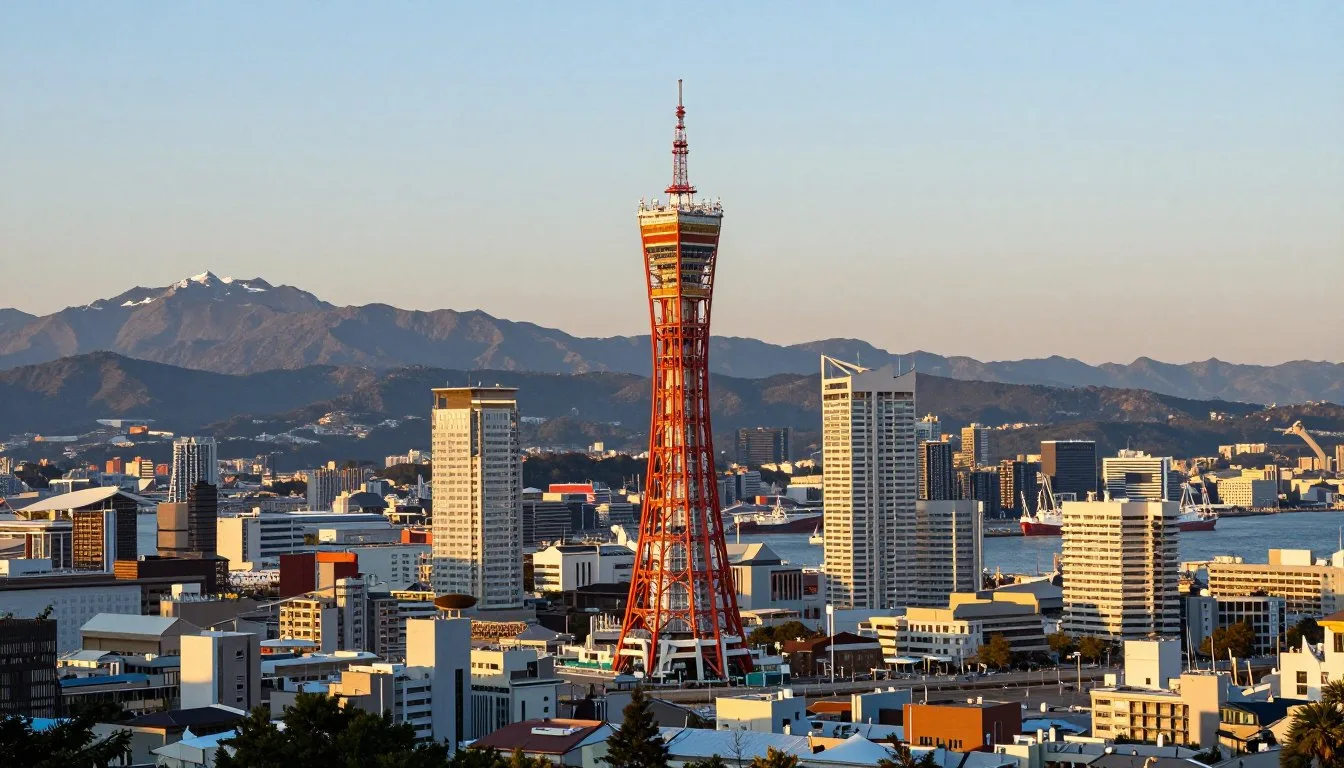 Kobe city skyline at dusk with Mount Rokko in the background and port illuminated