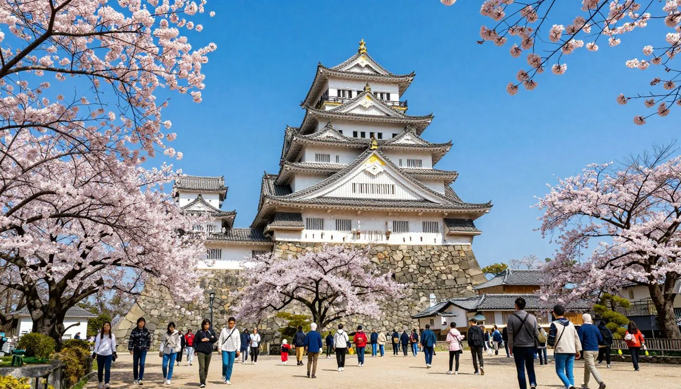Kochi Castle standing majestically against blue sky with traditional Japanese architecture and cherry blossoms in the foreground