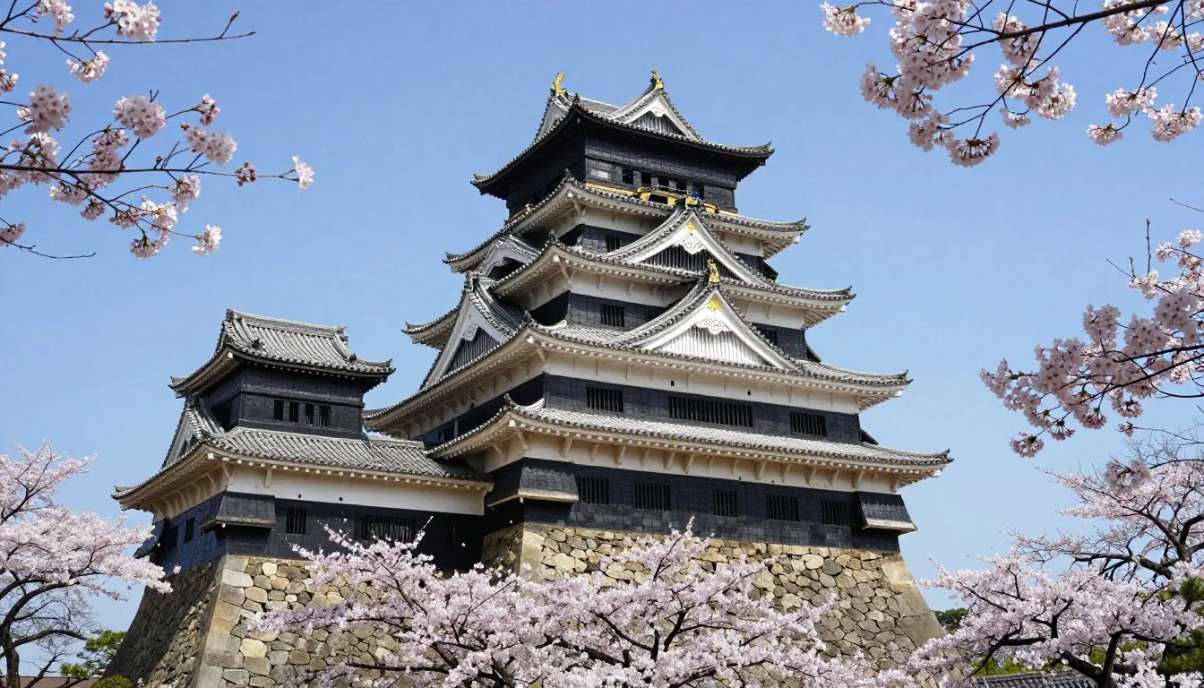 Kumamoto Castle standing majestically against blue sky with traditional Japanese architecture