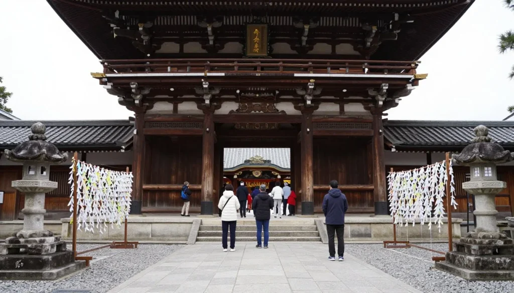 Kushida Shrine main hall with traditional architecture and visitors paying respects Kushida Shrine main hall with traditional architecture and visitors paying respects