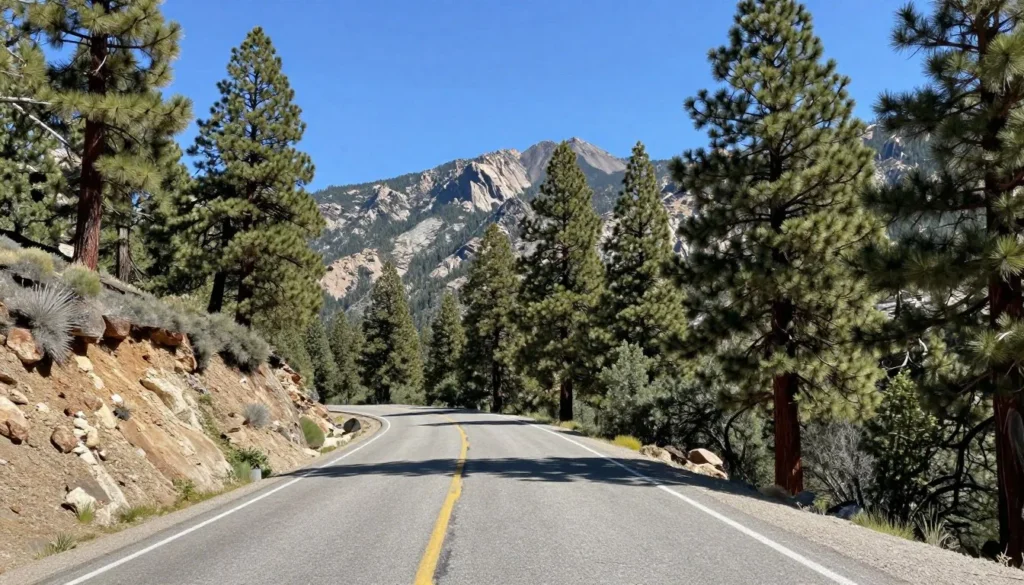 Kyle Canyon scenic mountain road winding through Spring Mountains with diverse forest vegetation Kyle Canyon scenic mountain road winding through Spring Mountains with diverse forest vegetation