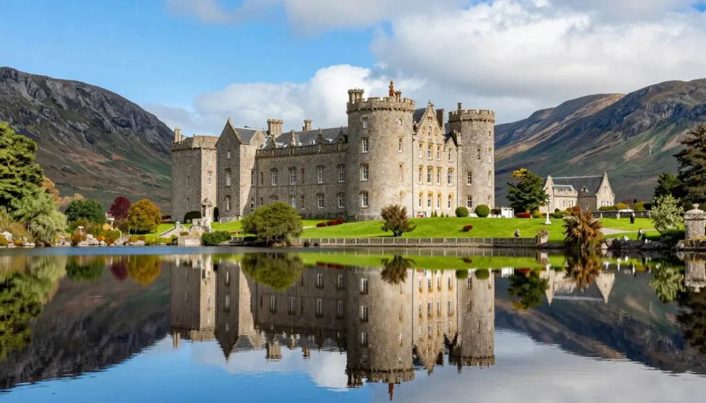 Kylemore Abbey reflected in lake with mountains behind