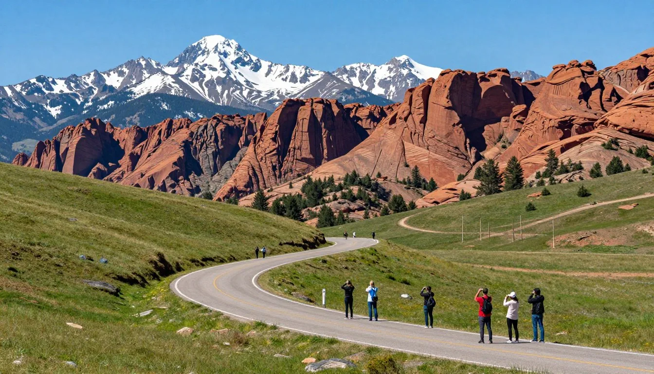 La-Sal-Mountain-Loop-Road-winding-through-alpine-meadows-with-towering-red-rock-formations-in La Sal Mountain Loop Road winding through alpine meadows with towering red rock formations in the background