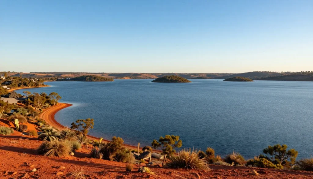 Lake Argyle waters with surrounding hills and clear blue sky Lake Argyle waters with surrounding hills and clear blue sky