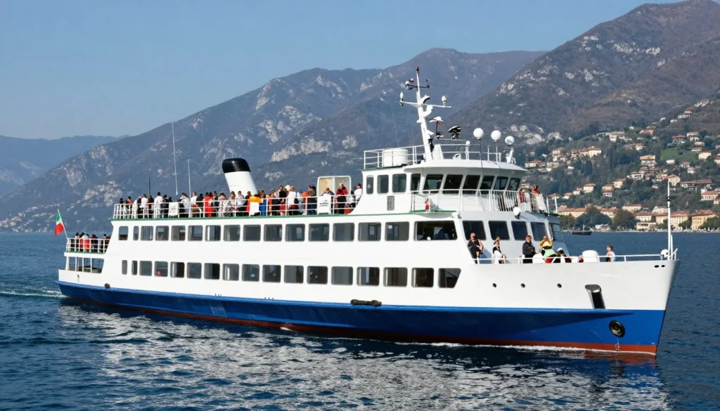 Lake Garda ferry boat carrying passengers across blue water with mountain scenery in background Lake Garda ferry boat carrying passengers across blue water with mountain scenery in background