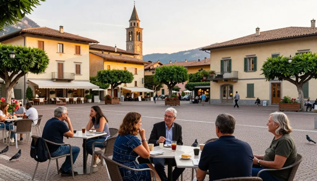 Lake Garda peaceful town square with locals and tourists interacting in welcoming Italian atmosphere Lake Garda peaceful town square with locals and tourists interacting in welcoming Italian atmosphere