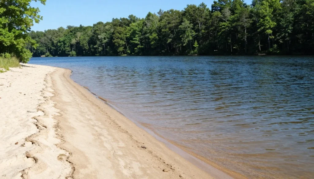 Lake Placid beach area at Chickasaw State Park Tennessee with sandy shore Lake Placid beach area at Chickasaw State Park Tennessee with sandy shore