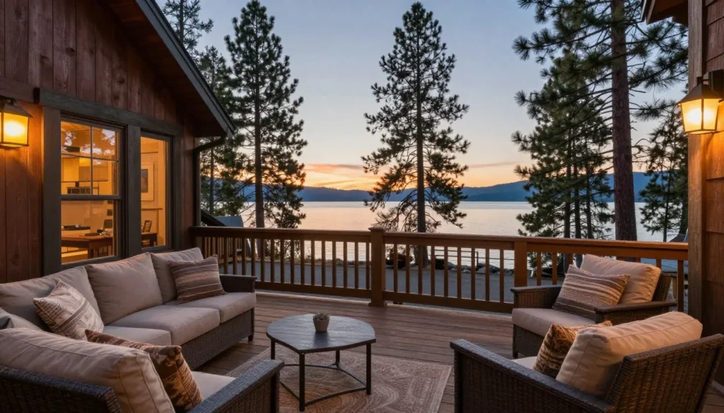 Lake Tahoe vacation rental deck overlooking the water at sunset
