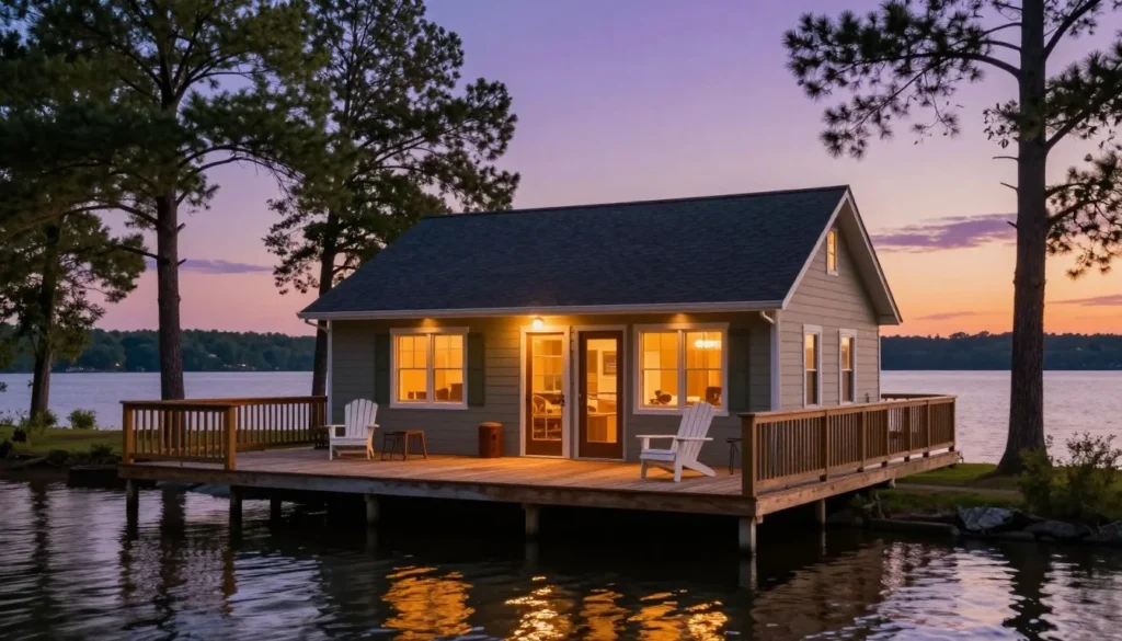 Lakefront vacation rental cottage with wooden deck overlooking Kentucky Lake at dusk Lakefront vacation rental cottage with wooden deck overlooking Kentucky Lake at dusk