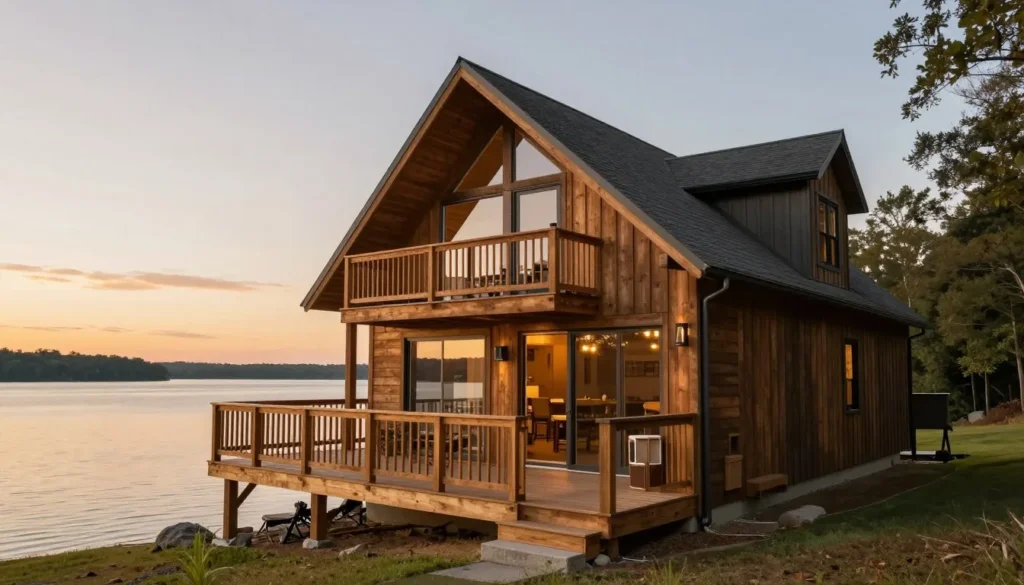 Lakeside cabin with wooden deck overlooking calm water at sunset Lakeside cabin with wooden deck overlooking calm water at sunset