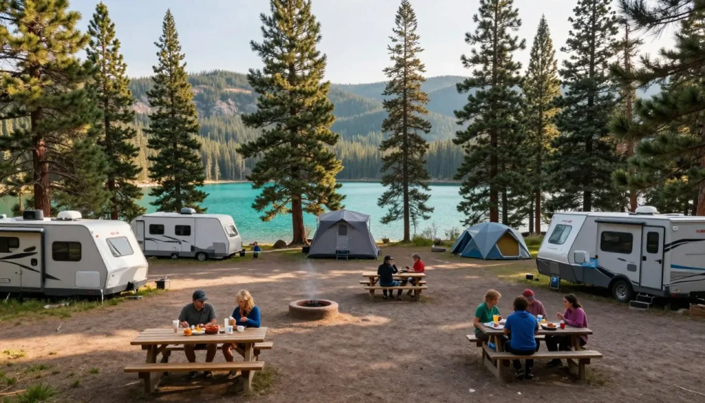 Lakeside campground at Turquoise Lake with tents and RVs among pine trees Lakeside campground at Turquoise Lake with tents and RVs among pine trees