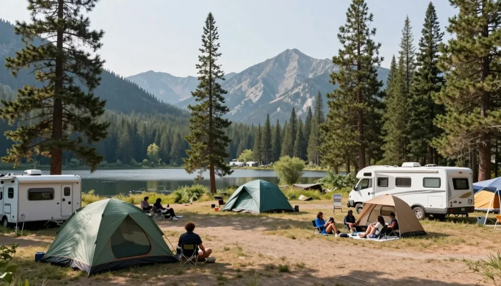 Lakeside campground with tents and RVs near Taylor Park Reservoir with mountain backdrop Lakeside campground with tents and RVs near Taylor Park Reservoir with mountain backdrop