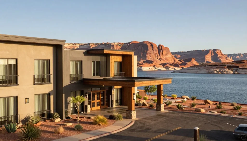 Lakeside lodging with red rock cliffs in background