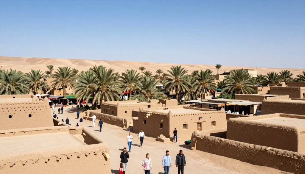 Landscape view of Siwa Oasis town center with traditional buildings, palm trees, and desert mountains in background Landscape view of Siwa Oasis town center with traditional buildings, palm trees, and desert mountains in background