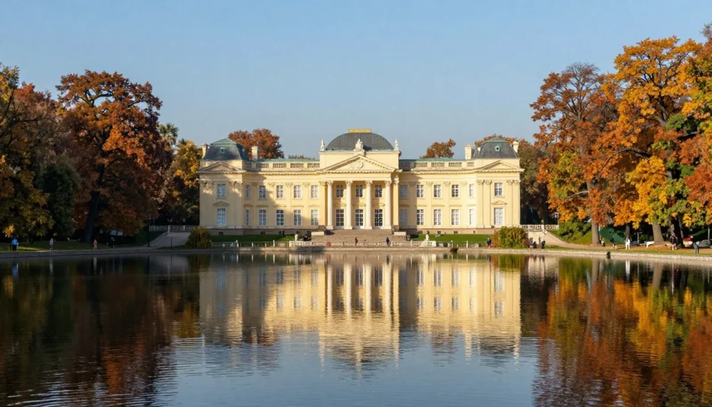 Lazienki Park palace reflected in the lake during autumn with colorful foliage