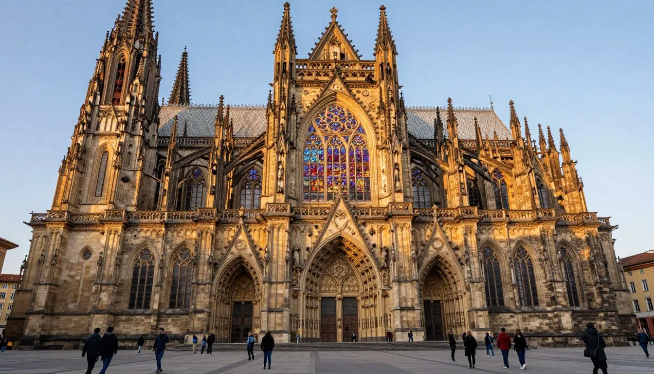 Leon Cathedral Gothic architecture with stunning stained glass windows and historic Plaza Mayor square in golden evening light