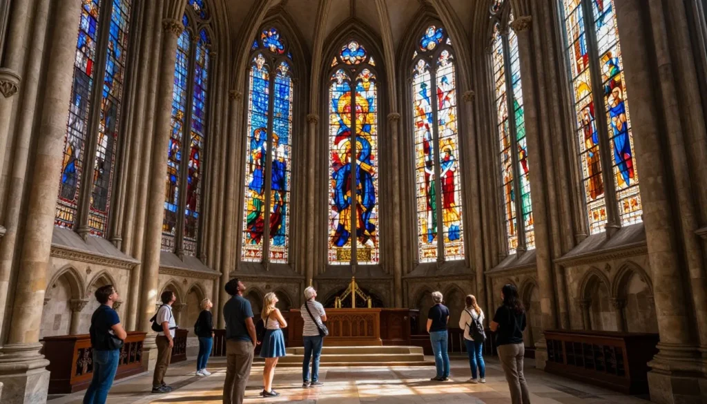Leon Cathedral interior showing magnificent stained glass windows with colorful light streaming through