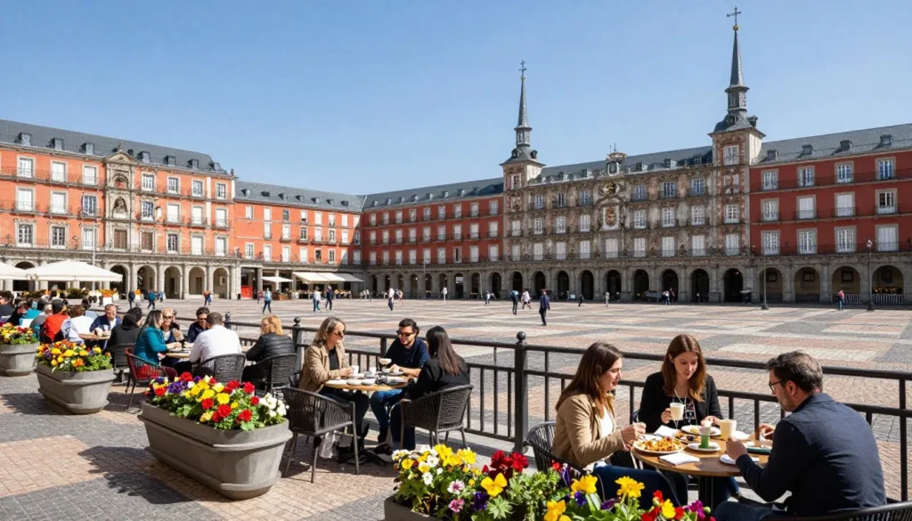Leon Plaza Mayor bustling with tourists enjoying outdoor cafes in spring sunshine with flower displays