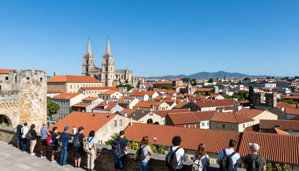 Leon city panoramic view showing medieval architecture, Roman walls, and mountains in background under blue sky