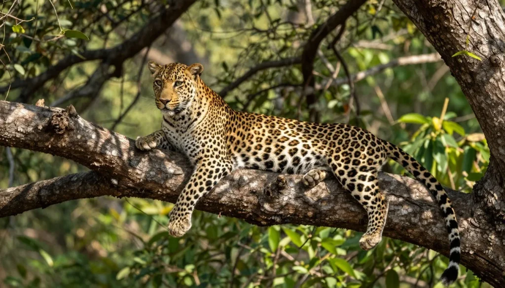 Leopard resting on tree branch in Ranthambore forest during daytime