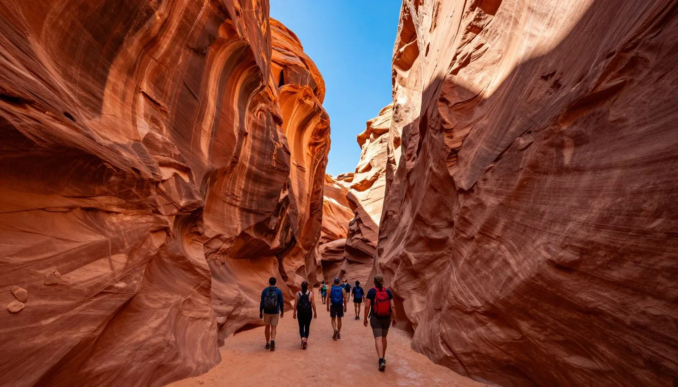 Little-Wild-Horse-Canyon-Utah-narrow-sandstone-walls-with-hikers Little Wild Horse Canyon Utah narrow sandstone walls with hikers