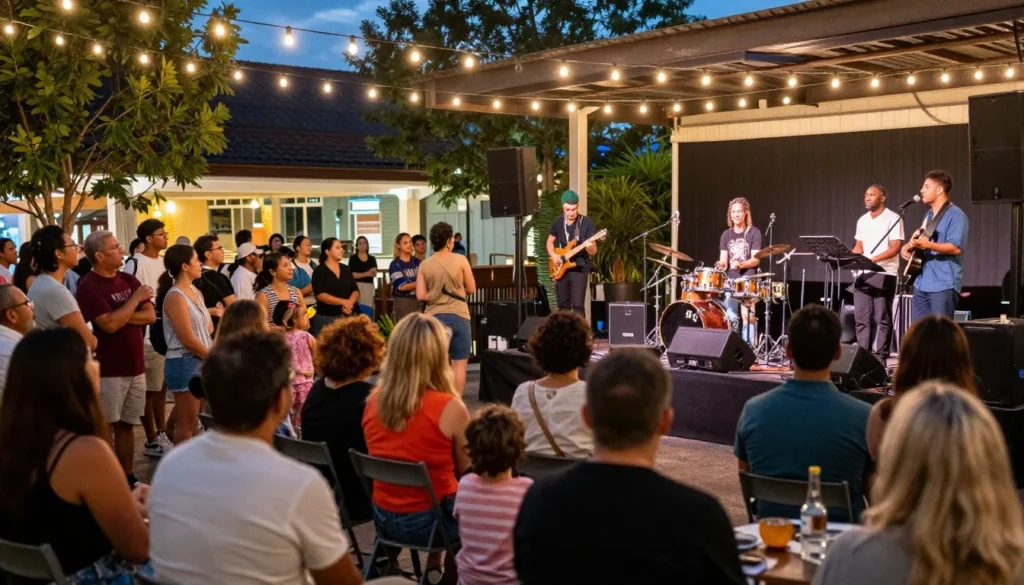 Live outdoor music performance at The Island with diverse crowd enjoying evening entertainment Live outdoor music performance at The Island with diverse crowd enjoying evening entertainment