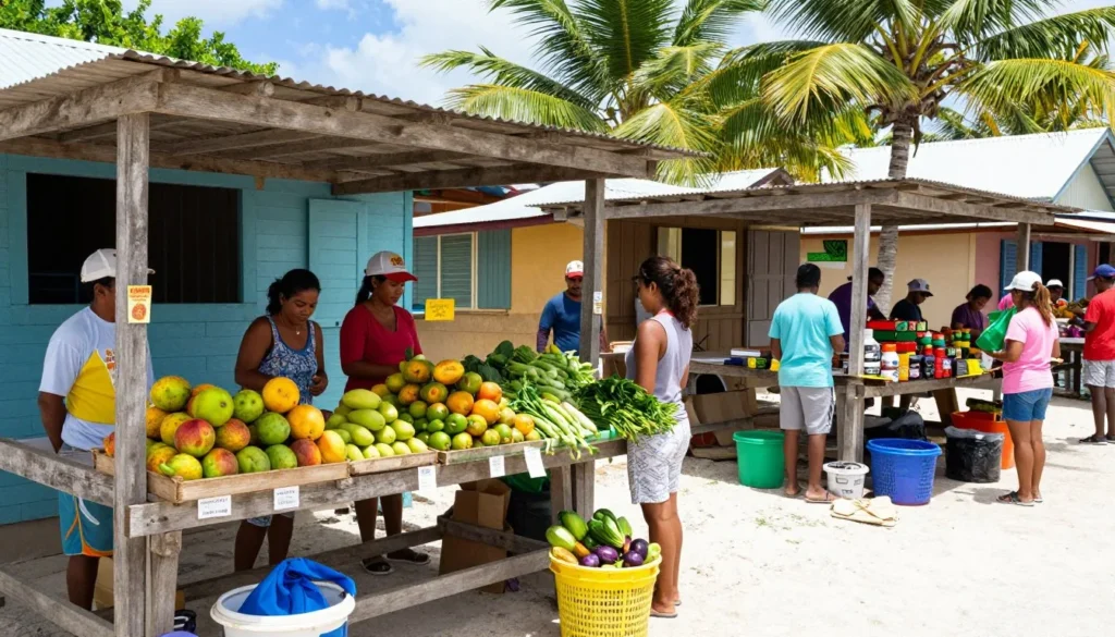 Local Caribbean market with fresh tropical fruits and vegetables in Caye Caulker