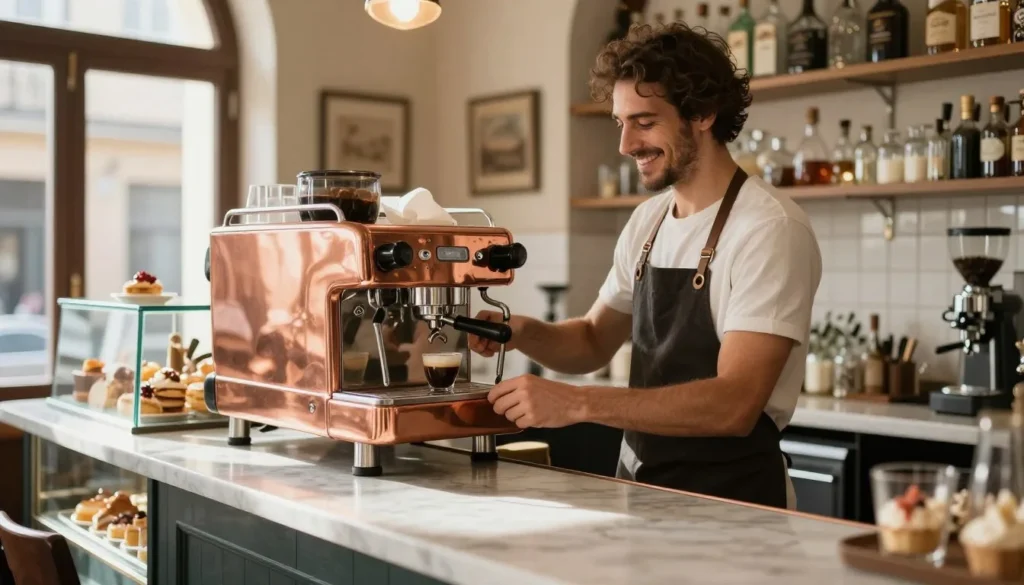 Local Italian man serving espresso in traditional cafe