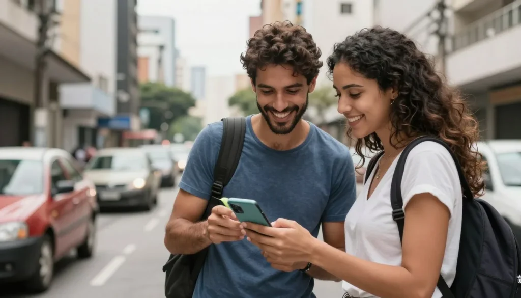 Local helping tourist with directions using phone map