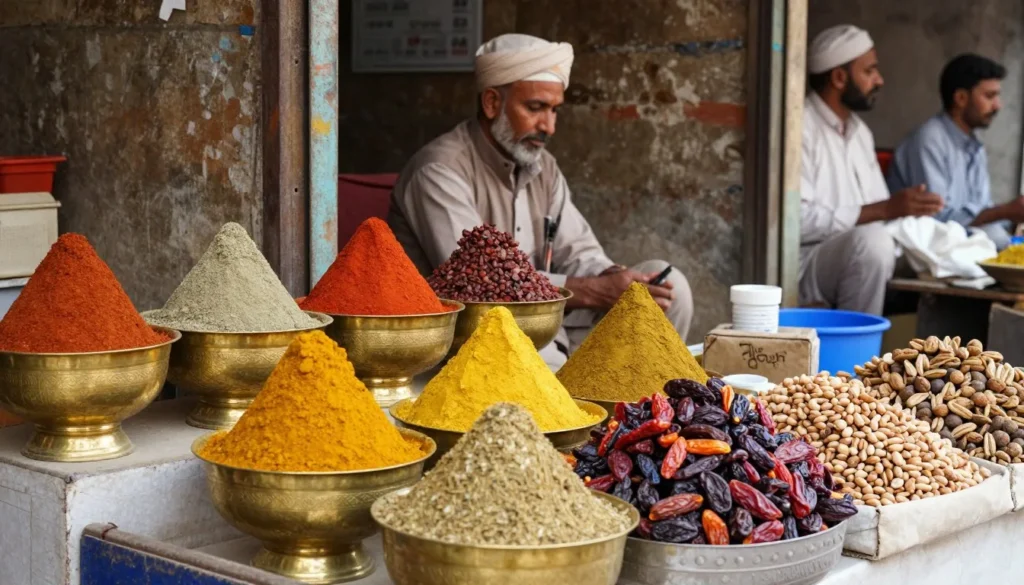 Local market vendor selling colorful spices and dried fruits in traditional brass containers