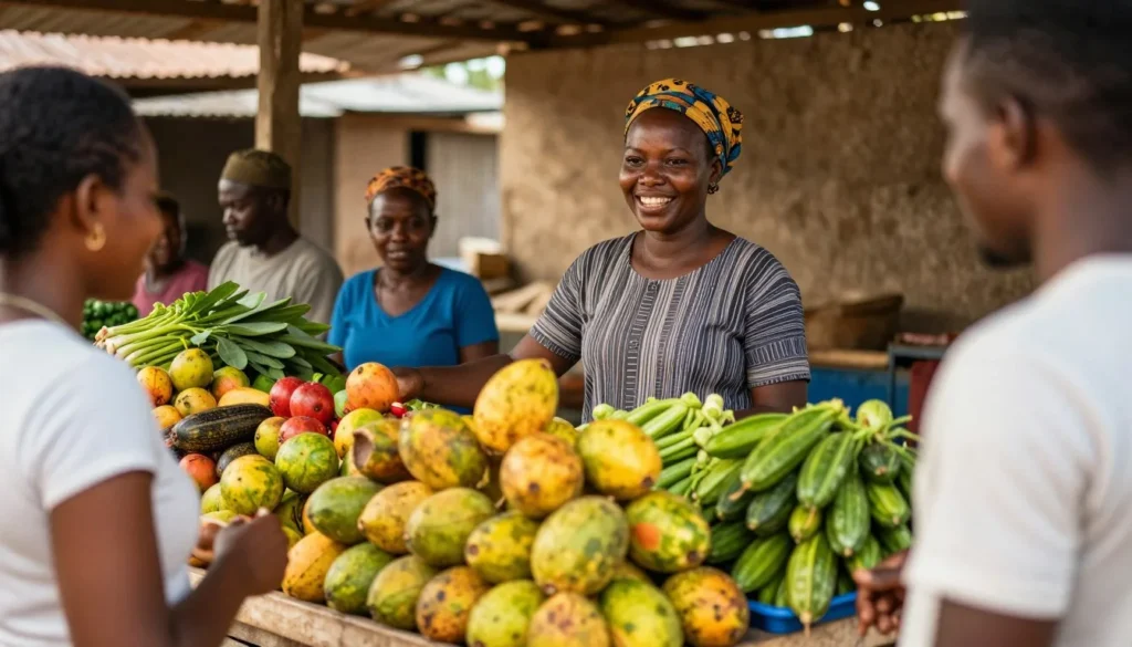 Local market vendor with fresh produce in Yaounde