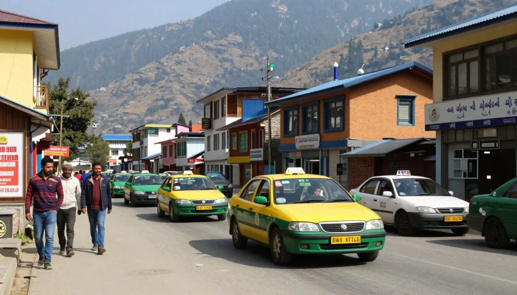 Local shared taxi on Gangtok street with mountain backdrop