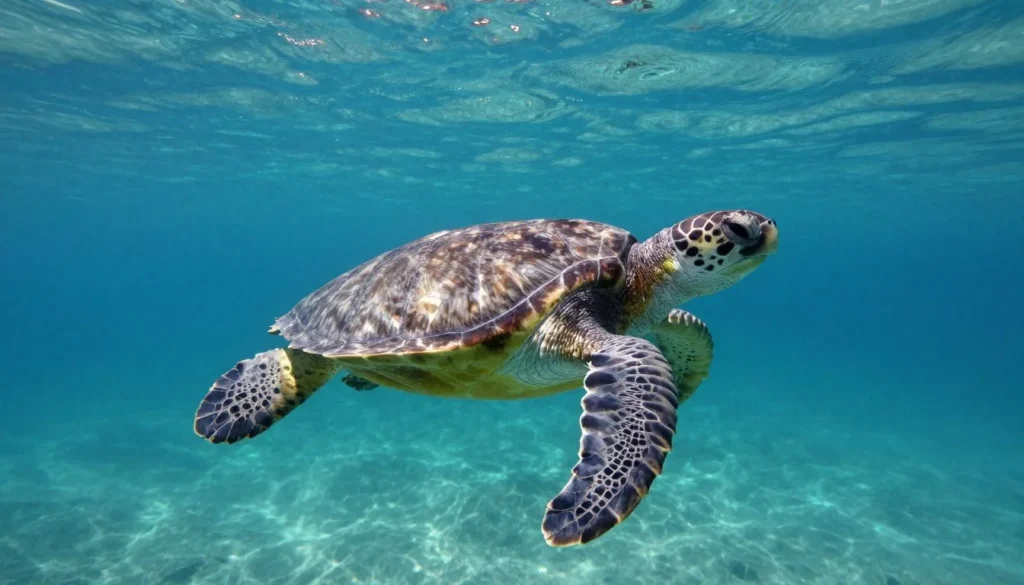 Loggerhead sea turtle swimming in clear coastal waters near Brunswick Islands Loggerhead sea turtle swimming in clear coastal waters near Brunswick Islands