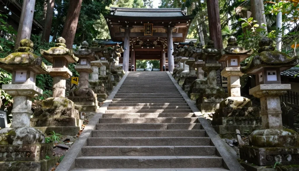 Long stone stairway leading up to traditional Japanese shrine with lanterns lining the path Long stone stairway leading up to traditional Japanese shrine with lanterns lining the path