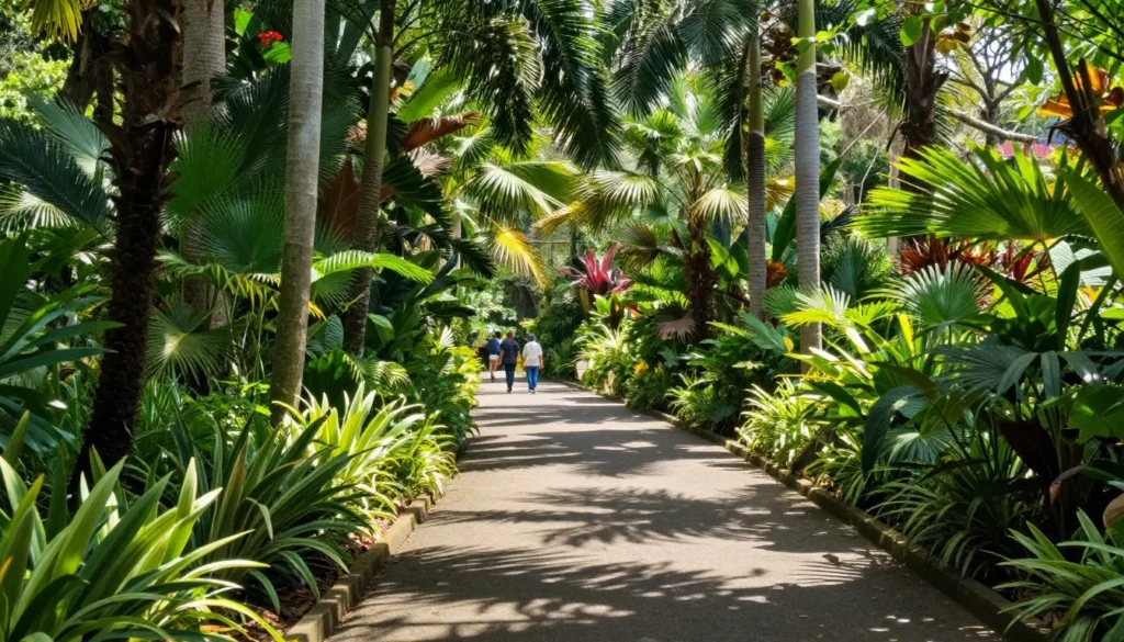 Lush garden pathway in Yaounde zoo with tropical vegetation
