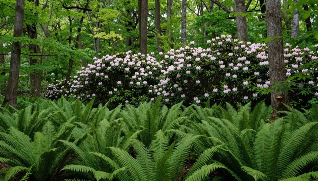 Lush green Appalachian forest interior with ferns and wildflowers near Catawba Falls Lush green Appalachian forest interior with ferns and wildflowers near Catawba Falls