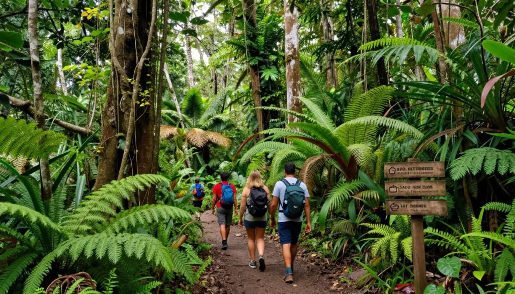 Lush rainforest hiking trail near Jaco with diverse tropical vegetation