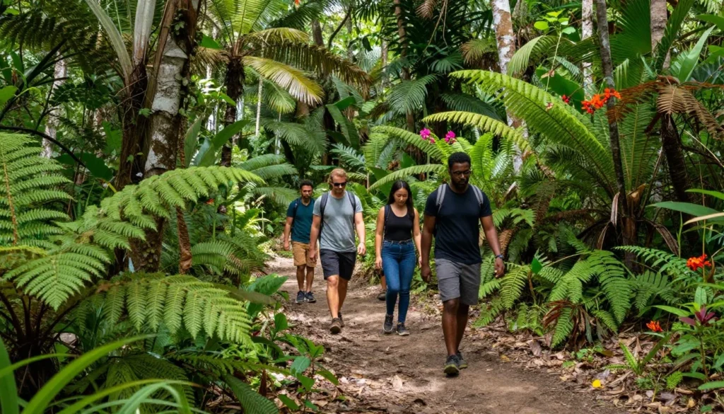 Lush rainforest hiking trail with tropical vegetation and diverse group of hikers