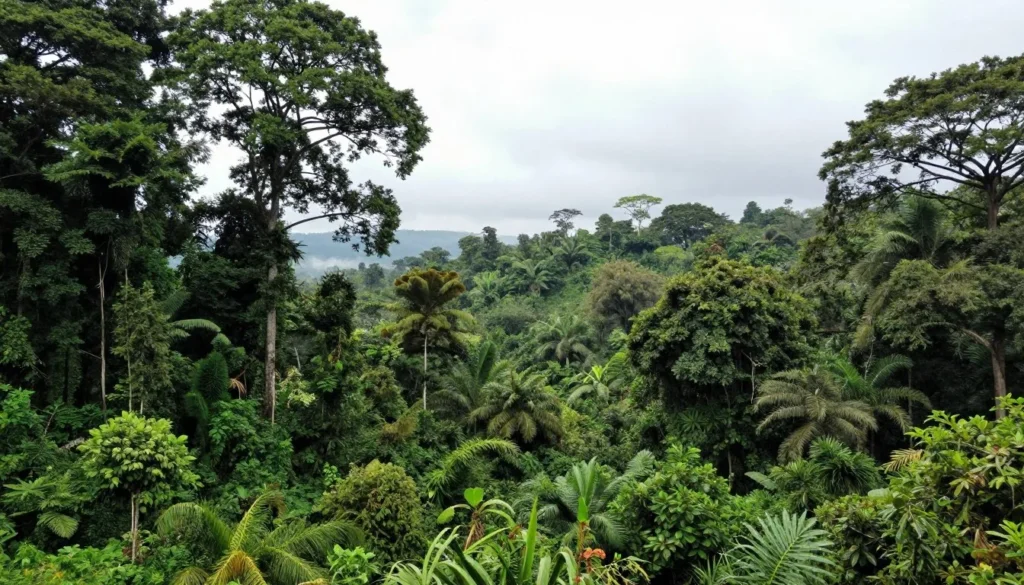 Lush rainforest landscape near Yaounde under partly cloudy sky