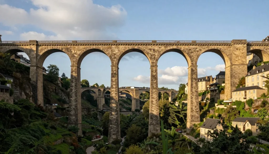Luxembourg City Adolphe Bridge stone arch spanning valley with historic architecture