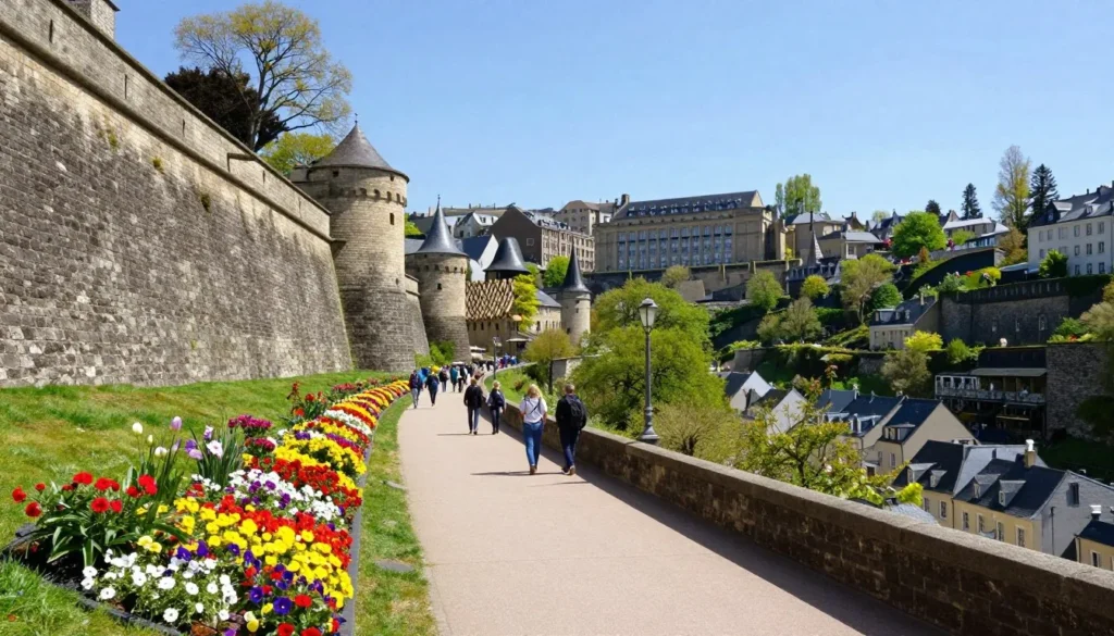 Luxembourg City Chemin de la Corniche walkway in spring with blooming flowers and scenic valley views